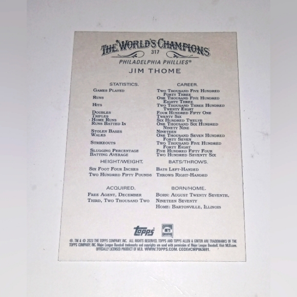 Jim Thome Silver Border Topps Allen & Ginter 2023 #317 - Picture 2 of 2
